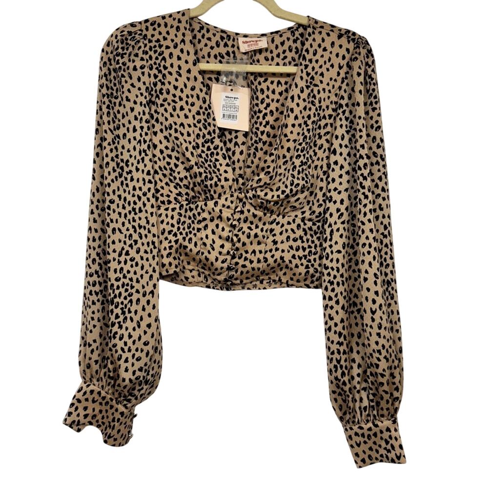 Showpo Tan Animal Print Crop Top Blouse Womens 4 Ballon Sleeve Girly Coquette